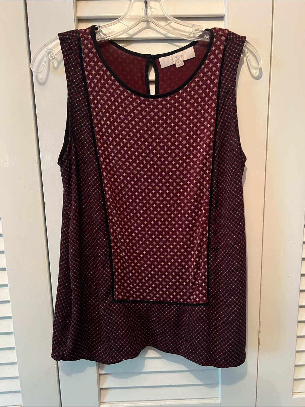 LOFT Burgundy Patterned Sleeveless Shell with Black Trim
